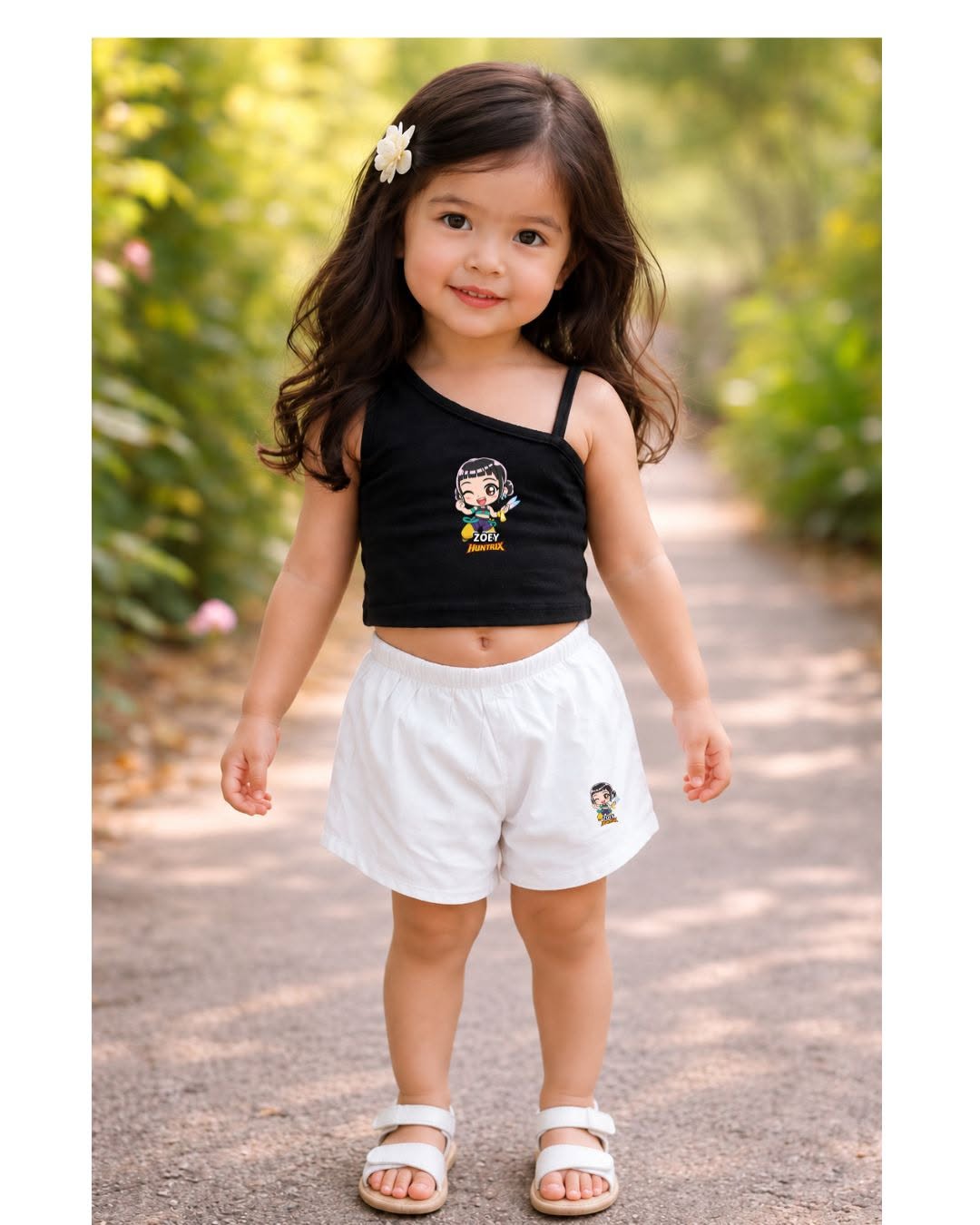 XDM-Cute Kids One-Shoulder Cotton Spandex Top & Challis Shorts Set