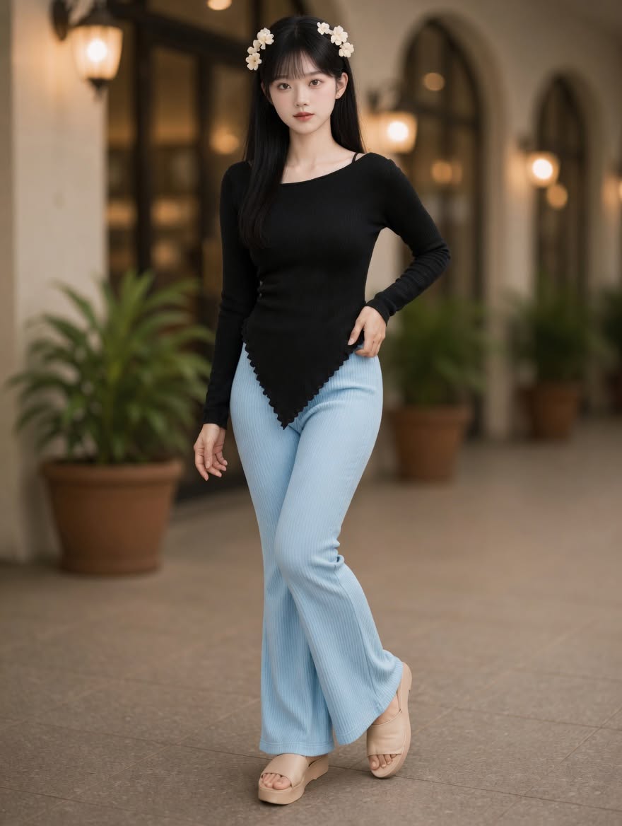 XDM-Korean Chic Asymmetrical Knit Top & Flare Pants Terno Set