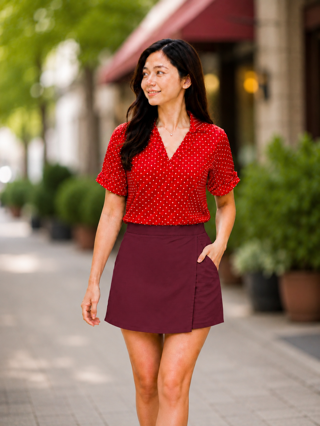 XDM-Chic Dots Challis Blouse & Cotton Linen Skort Set-Effortlessly Stylish