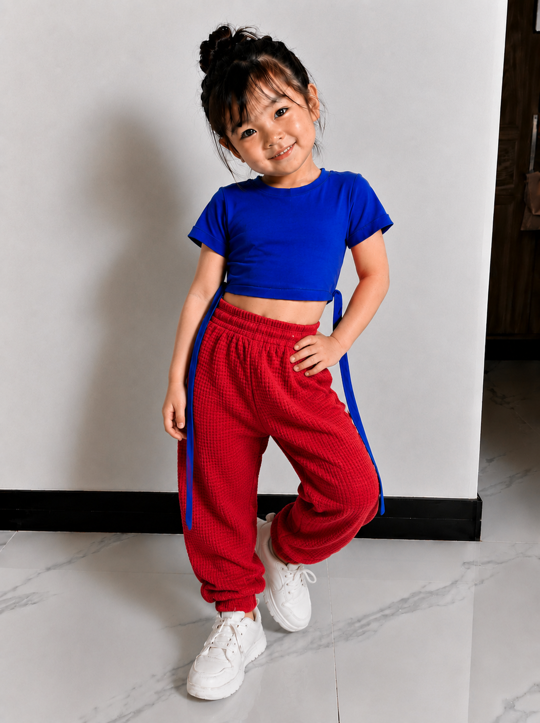 XDM-Kids Cotton Spandex Crop Top with Waffle Jogger Pants Terno Set