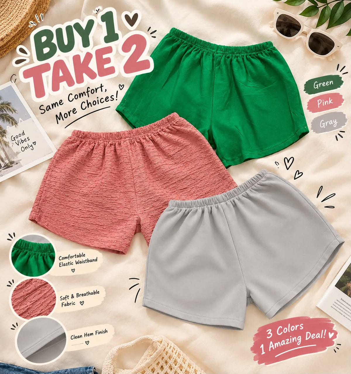 XDM-BUY 1 TAKE 2 Kids Shorts for Girls | Challis, Bark Crepe & Terry Brass Fabric | Best Fit 3–5 Years Old | Comfy & Breathable Toddler Shorts