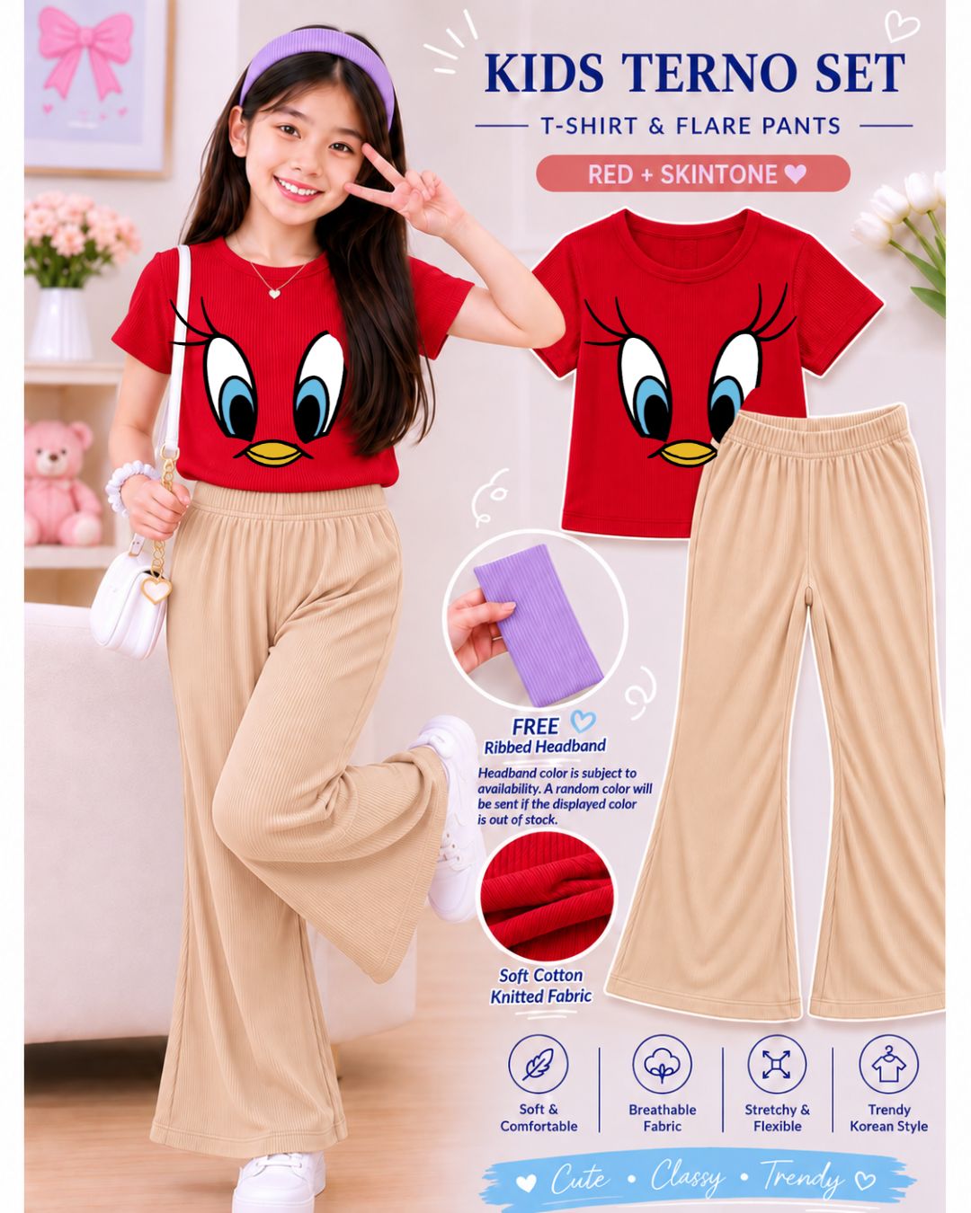 XDM-3in1 Kids Korean Terno Set for Girls | Cotton Knitted Ribbed Top, Flare Pants & Free Headband