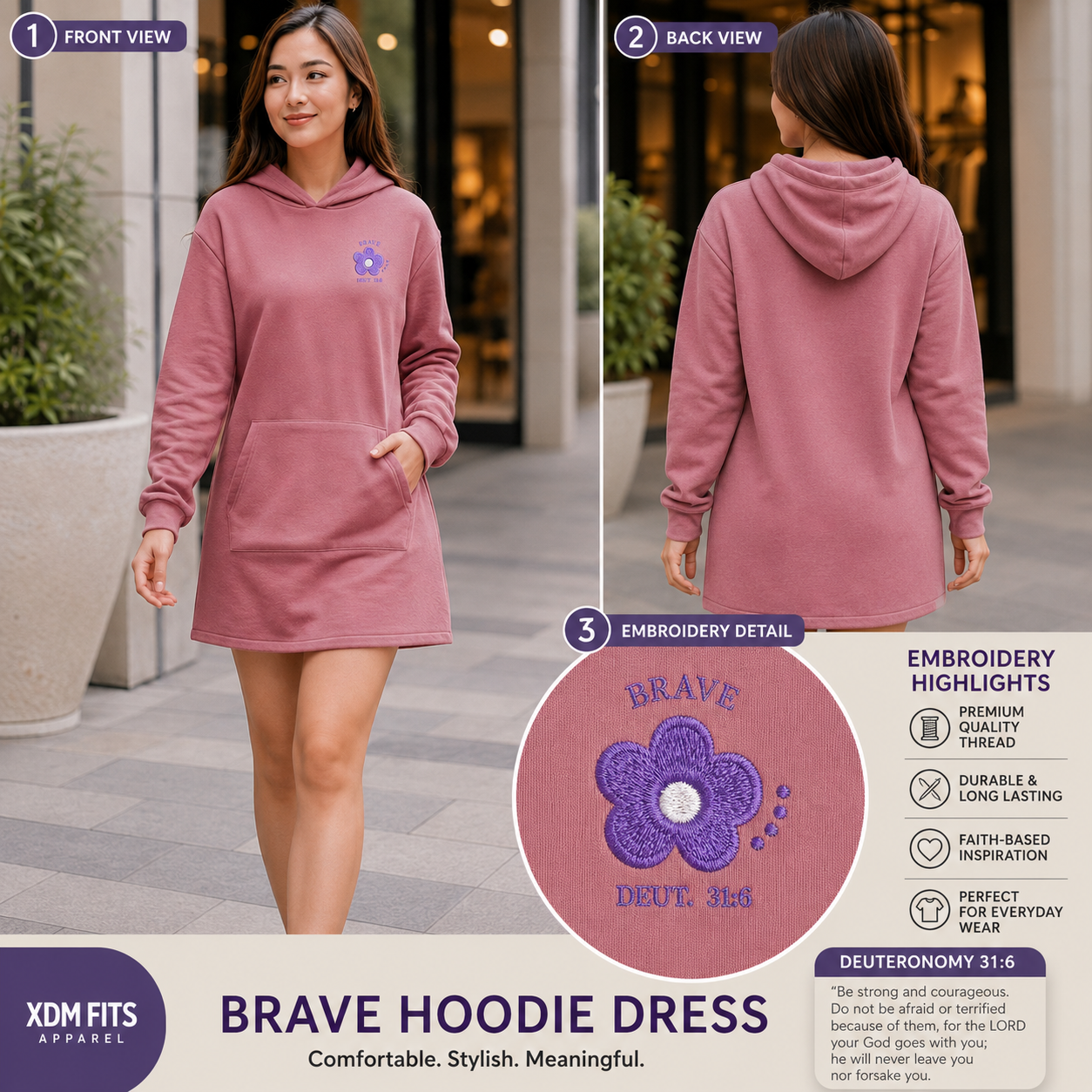 XDMPL-Brave Hoodie Dress with Premium Embroidery | Casual Korean Hoodie Dress