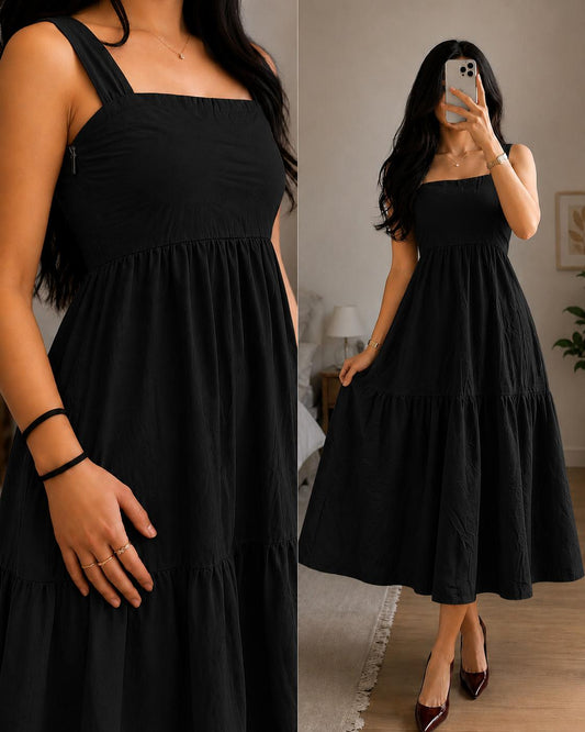 XDM-Elegant Cotton Linen  Midi Dress with Back Zipper | Premium Casual Chic Dress
