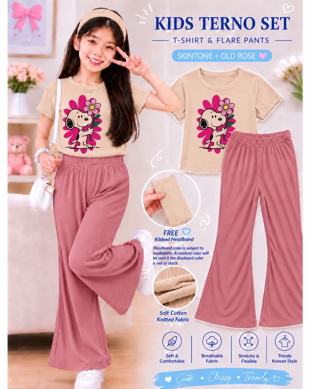 XDM-3in1 Kids Korean Terno Set for Girls | Cotton Knitted Ribbed Top, Flare Pants & Free Headband