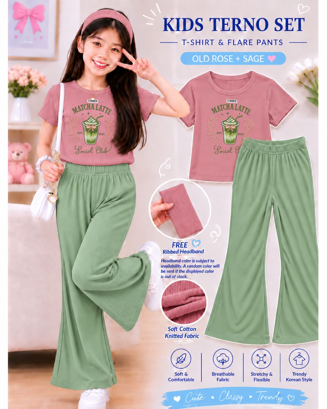 XDM-3in1 Kids Korean Terno Set for Girls | Cotton Knitted Ribbed Top, Flare Pants & Free Headband