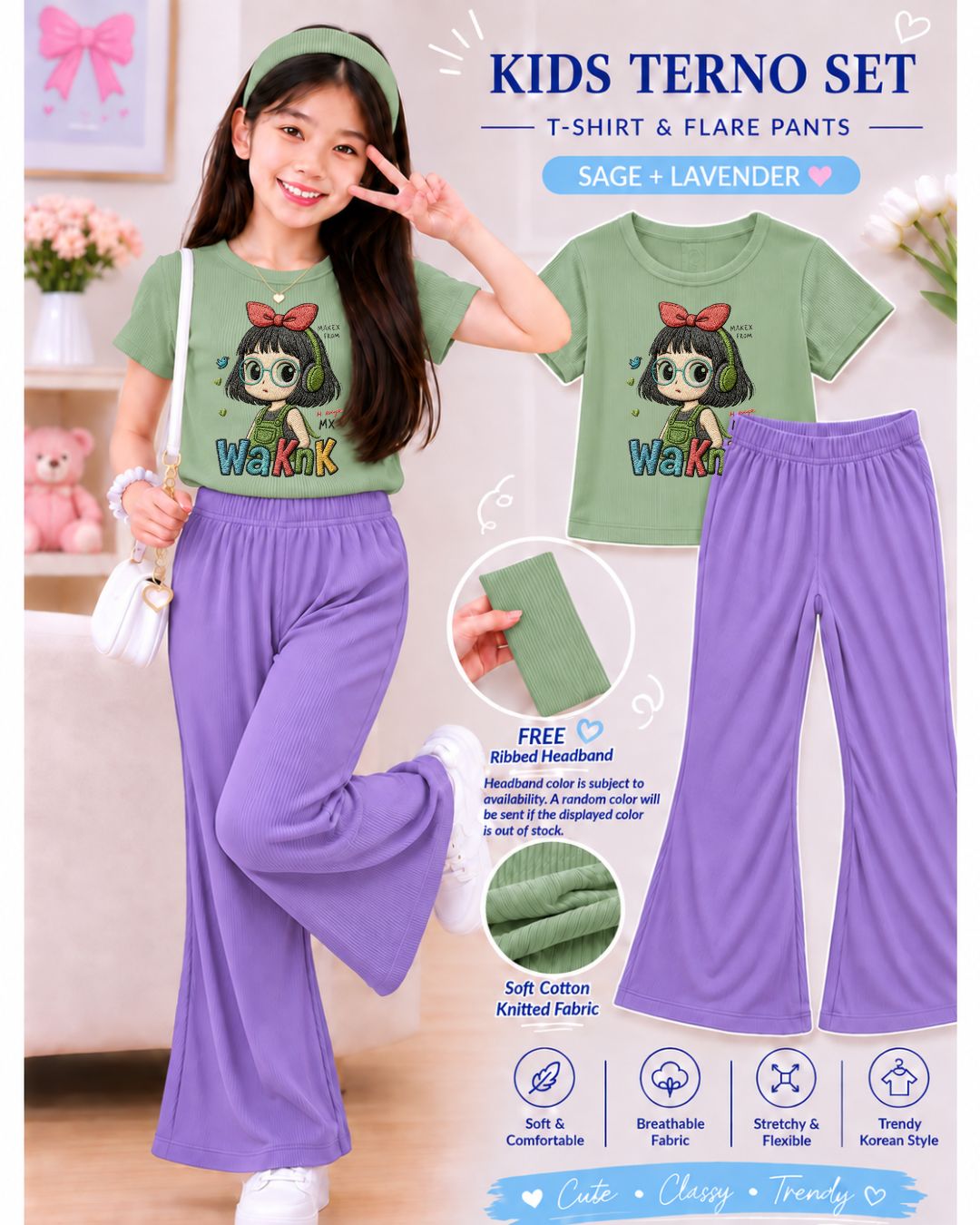 XDM-3in1 Kids Korean Terno Set for Girls | Cotton Knitted Ribbed Top, Flare Pants & Free Headband