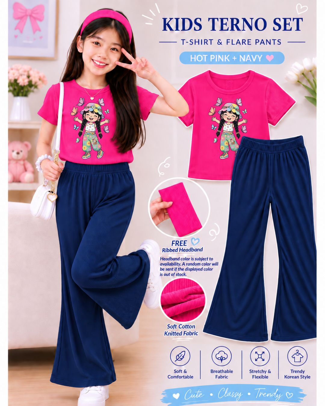 XDM-3in1 Kids Korean Terno Set for Girls | Cotton Knitted Ribbed Top, Flare Pants & Free Headband