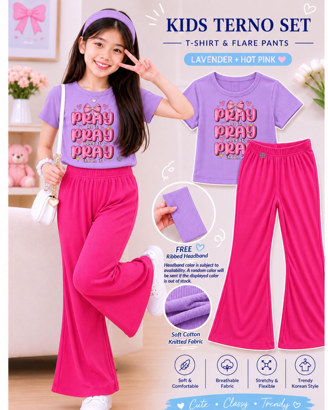 XDM-3in1 Kids Korean Terno Set for Girls | Cotton Knitted Ribbed Top, Flare Pants & Free Headband