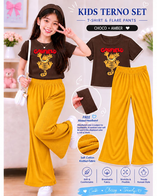 XDM-3in1 Kids Korean Terno Set for Girls | Cotton Knitted Ribbed Top, Flare Pants & Free Headband