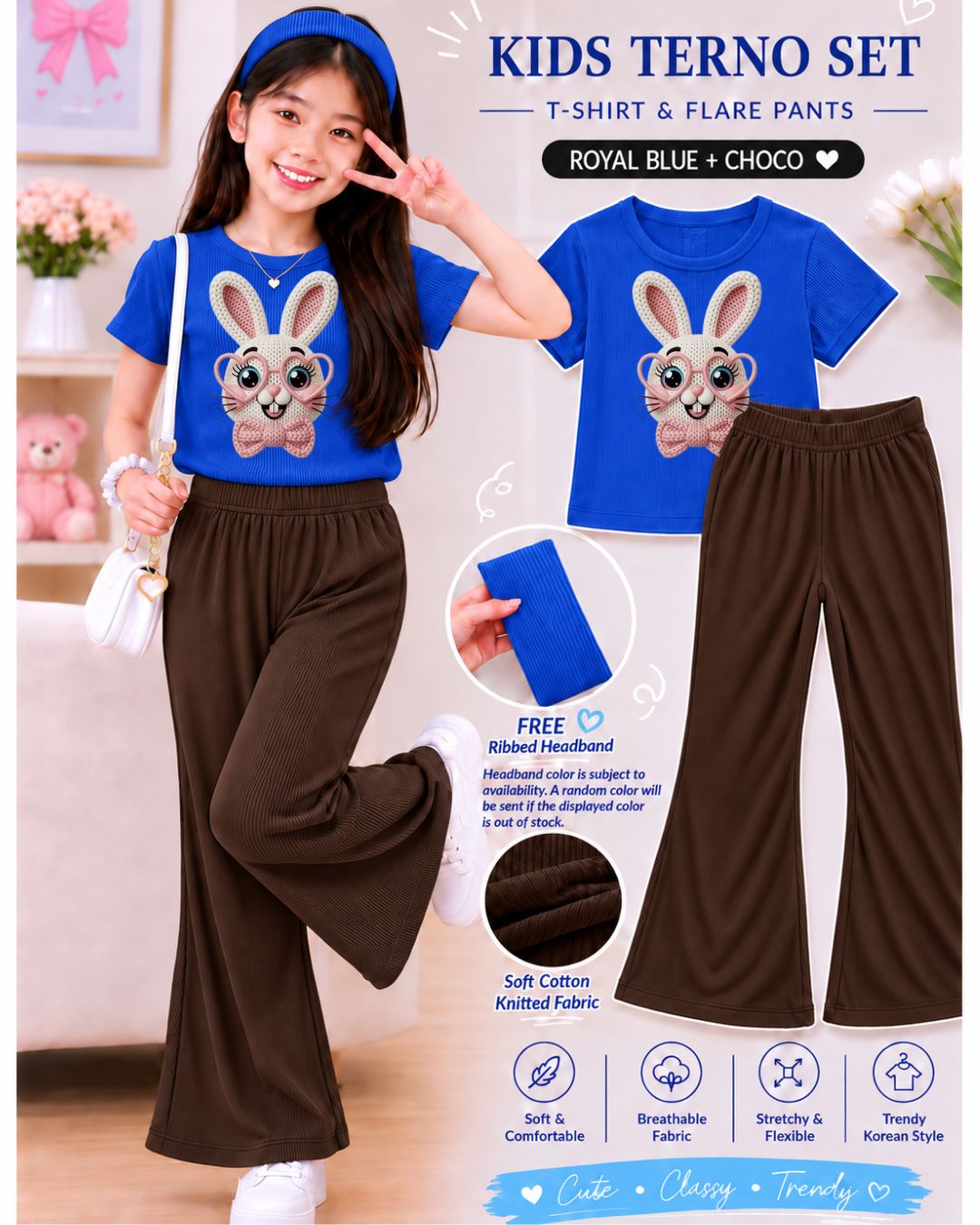 XDM-3in1 Kids Korean Terno Set for Girls | Cotton Knitted Ribbed Top, Flare Pants & Free Headband