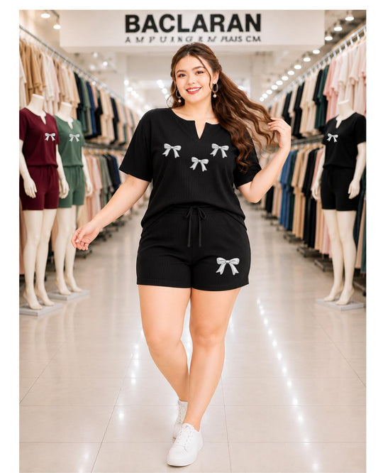 XDM-Plus Size Terno Set Women | Cotton Knitted Rib Top and Shorts