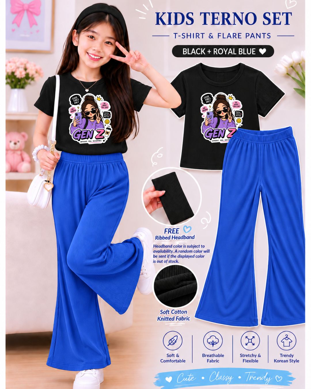 XDM-3in1 Kids Korean Terno Set for Girls | Cotton Knitted Ribbed Top, Flare Pants & Free Headband