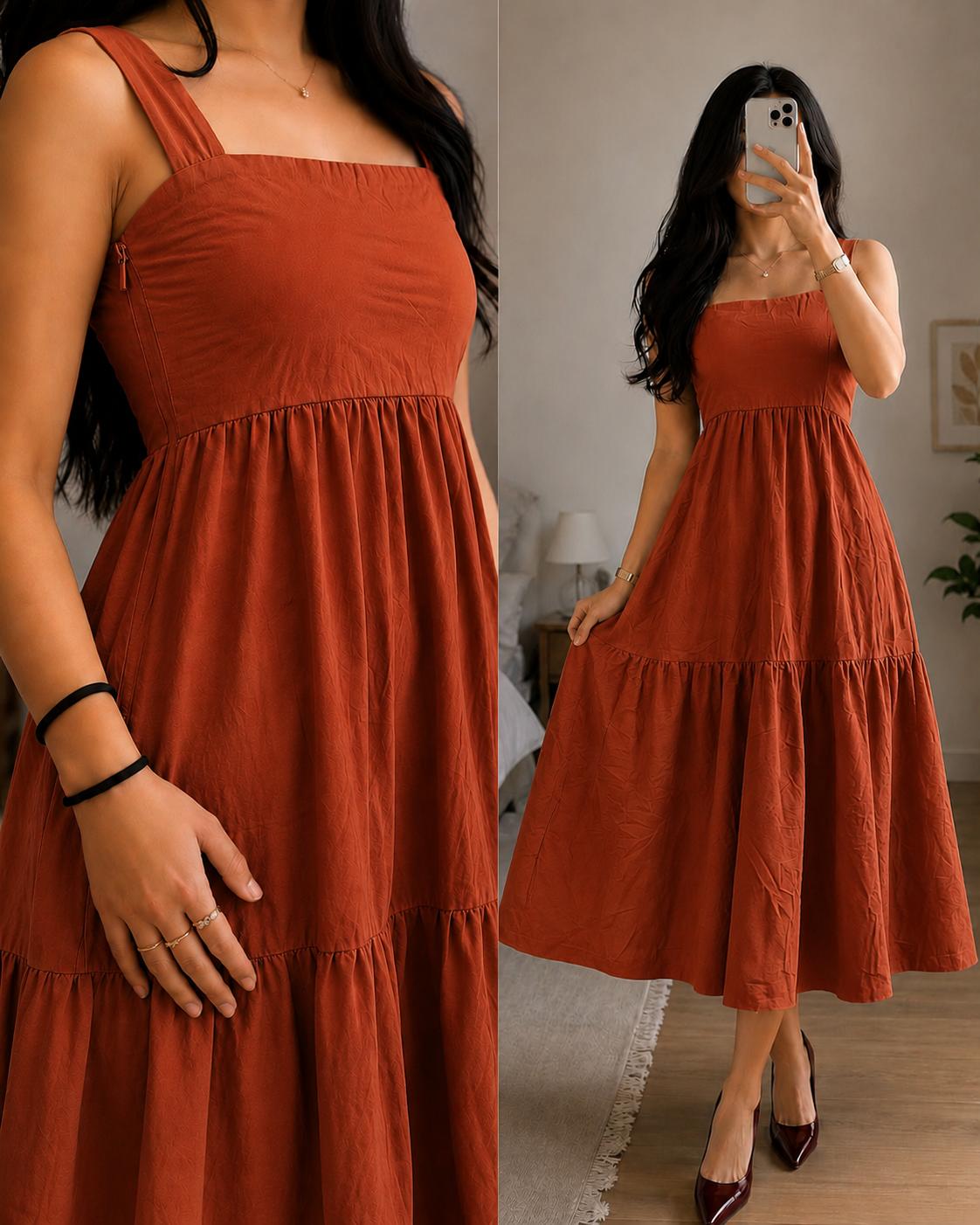 XDM-Elegant Cotton Linen  Midi Dress with Back Zipper | Premium Casual Chic Dress