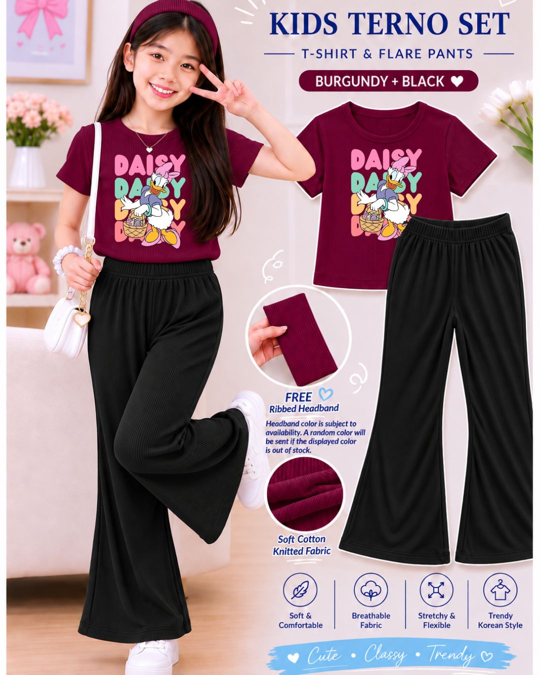 XDM-3in1 Kids Korean Terno Set for Girls | Cotton Knitted Ribbed Top, Flare Pants & Free Headband