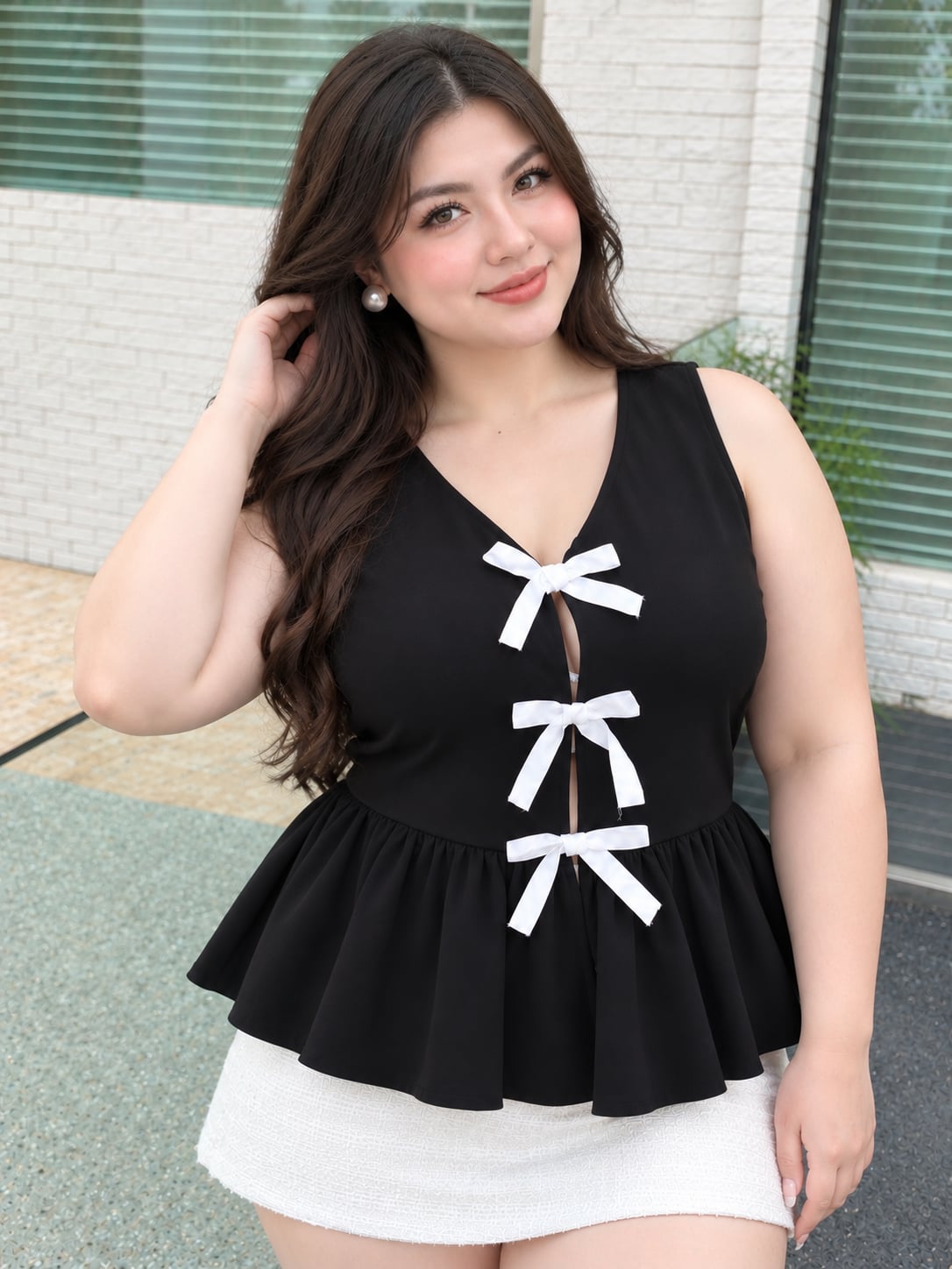 XDM-Coquette Ribbon Peplum Top | Crumpled Linen Sleeveless Blouse | Regular & Plus Size