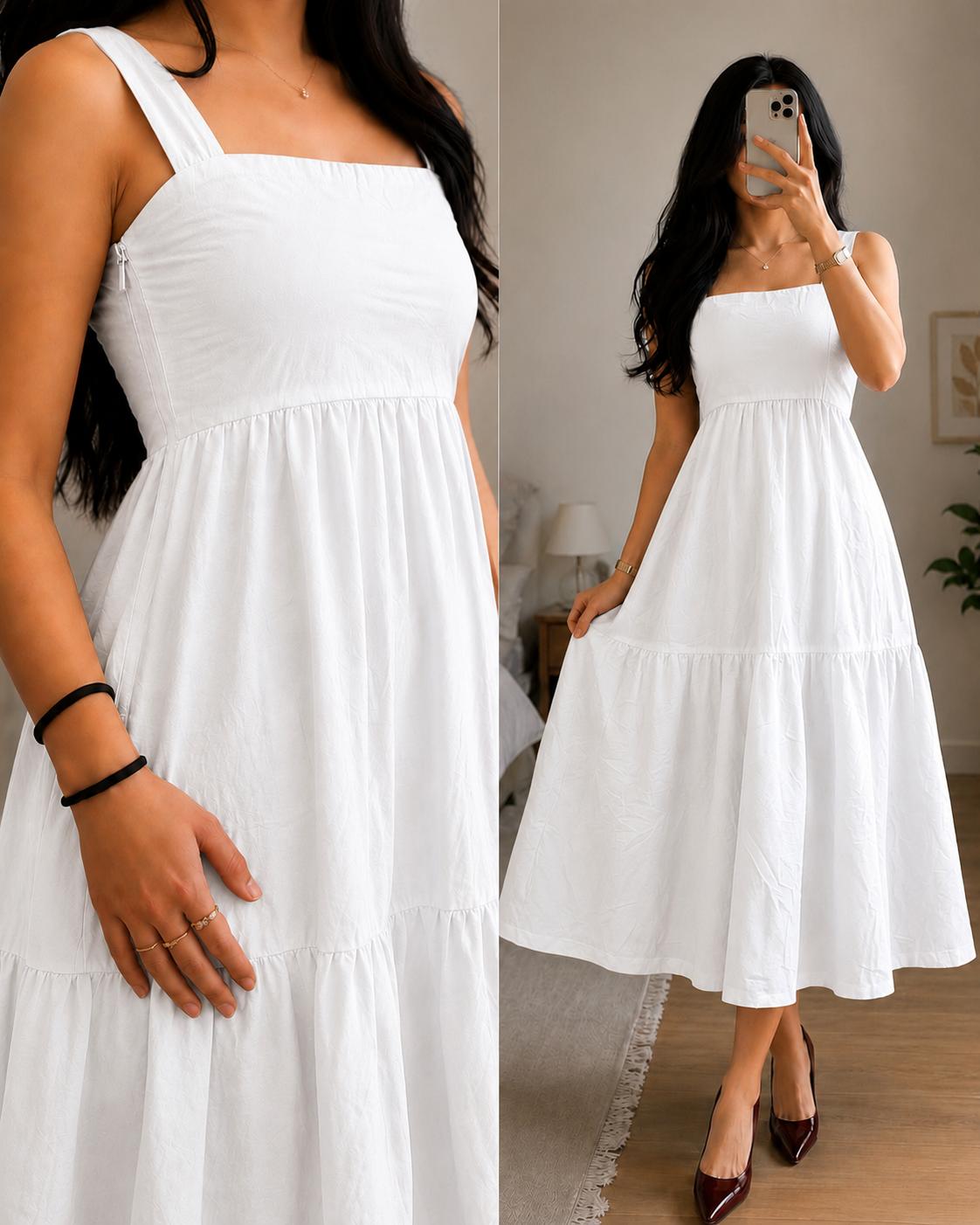 XDM-Elegant Cotton Linen  Midi Dress with Back Zipper | Premium Casual Chic Dress