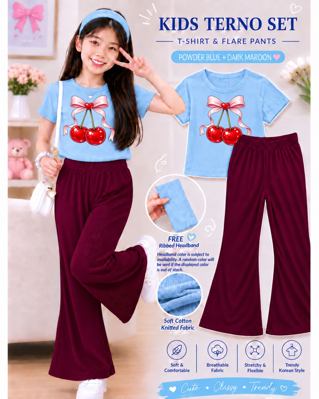 XDM-3in1 Kids Korean Terno Set for Girls | Cotton Knitted Ribbed Top, Flare Pants & Free Headband