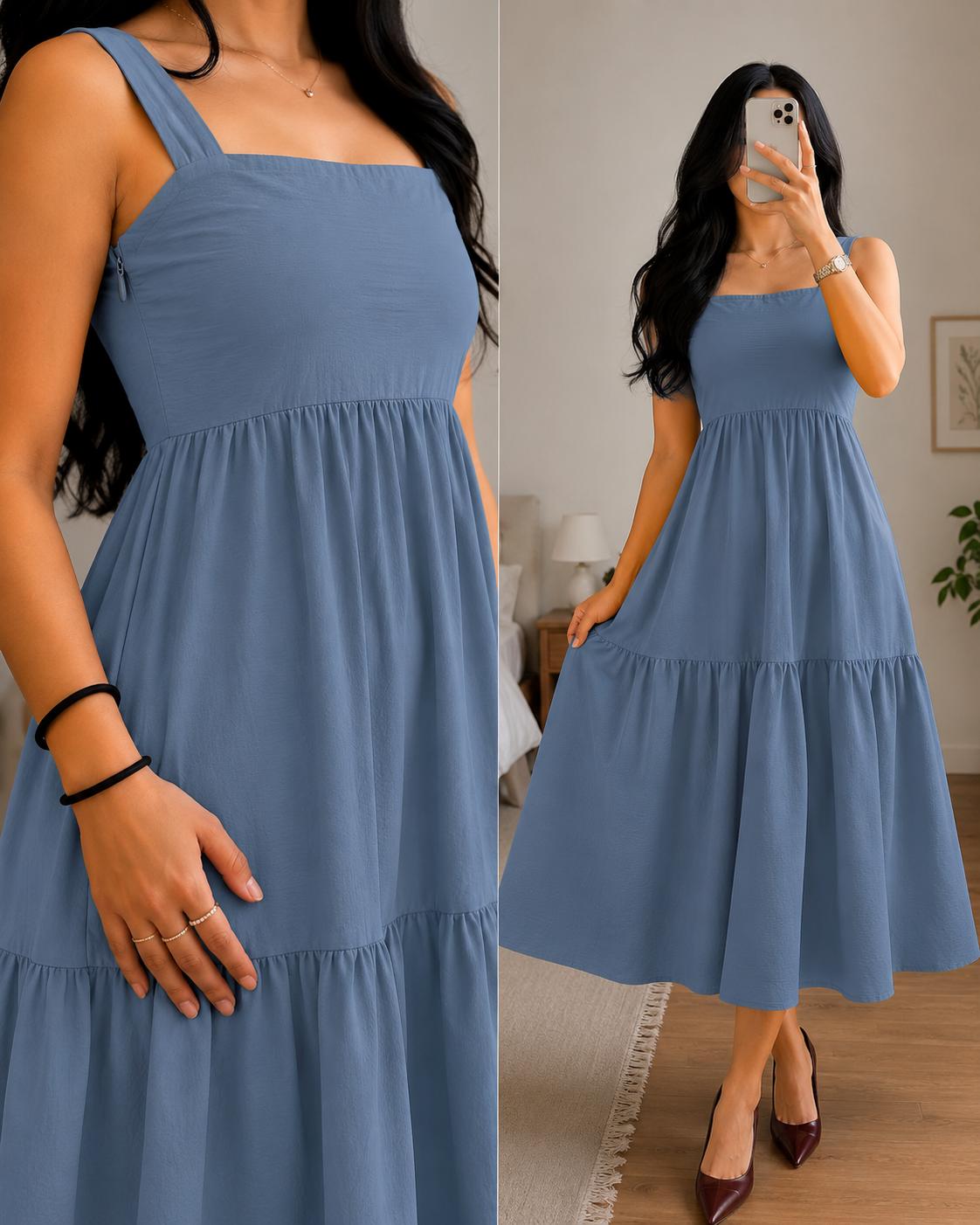 XDM-Elegant Cotton Linen  Midi Dress with Back Zipper | Premium Casual Chic Dress
