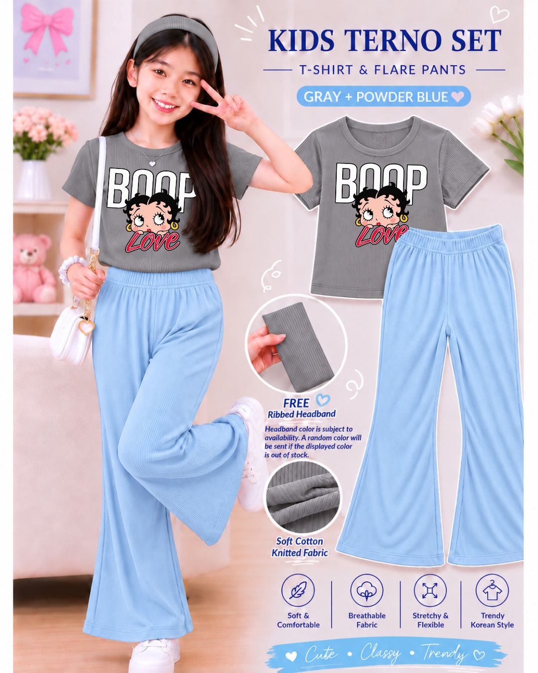 XDM-3in1 Kids Korean Terno Set for Girls | Cotton Knitted Ribbed Top, Flare Pants & Free Headband