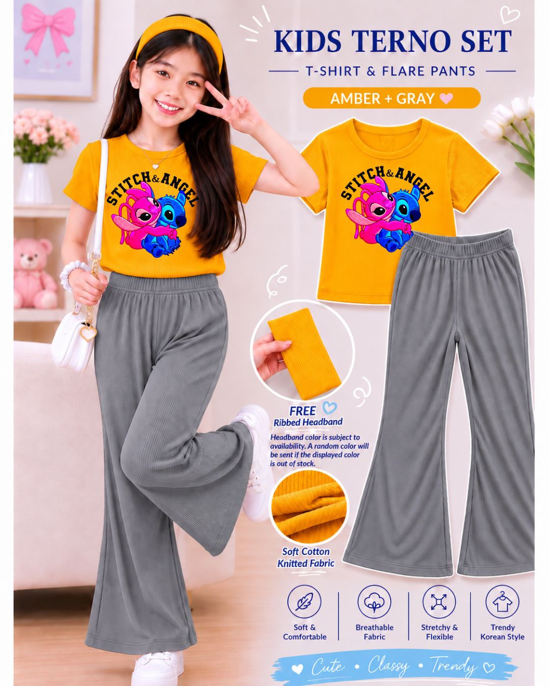 XDM-3in1 Kids Korean Terno Set for Girls | Cotton Knitted Ribbed Top, Flare Pants & Free Headband