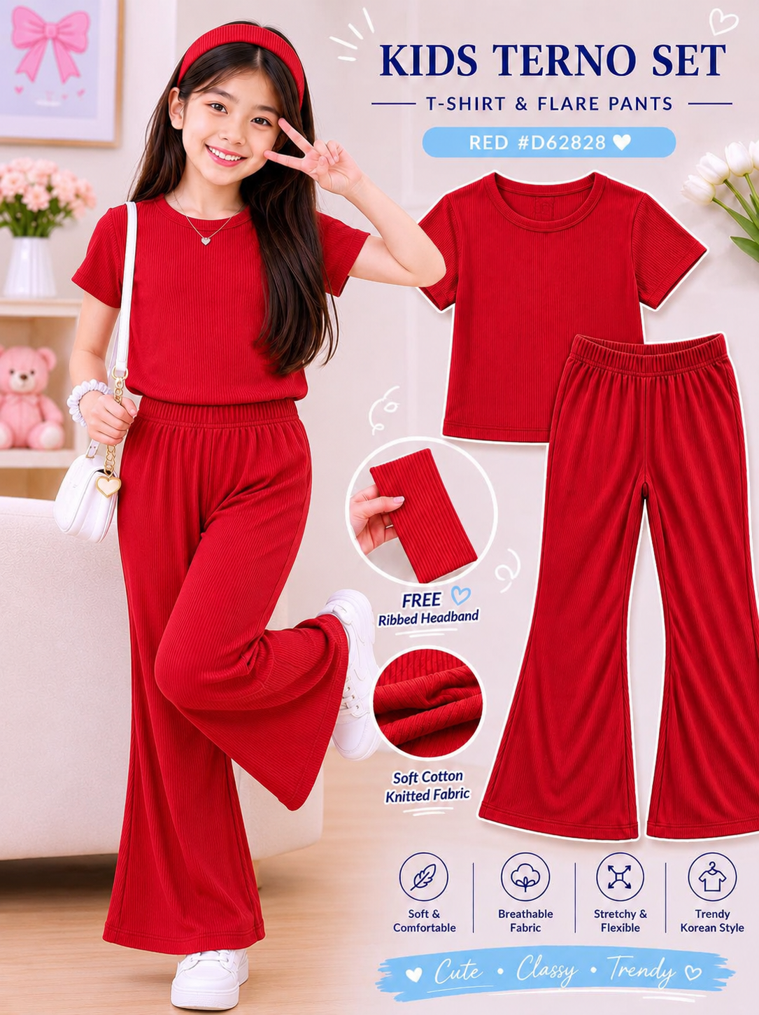 XDM-3 PIECE Kids Korean Terno Set for Girls | Soft Cotton Knitted T-Shirt & Flare Pants Co-Ord Set with Free Ribbed Headband