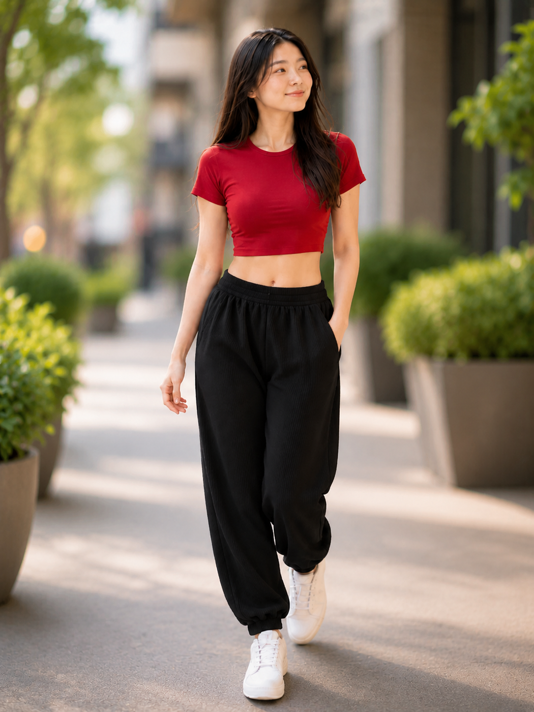 XDM-Trendy Cotton Spandex Crop Top + Waffle Jogger Pants Terno for Teens