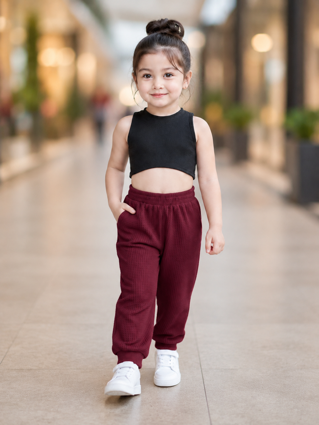 XDM-Kids Long Back Crop Top & Waffle Jogger Pants Terno Set