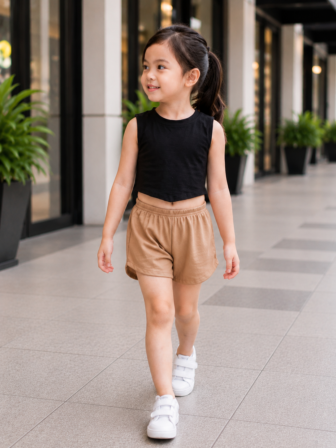 XDM-Cute Kids Summer Terno Set | Crop Top with Curved Hem + Casual Shorts