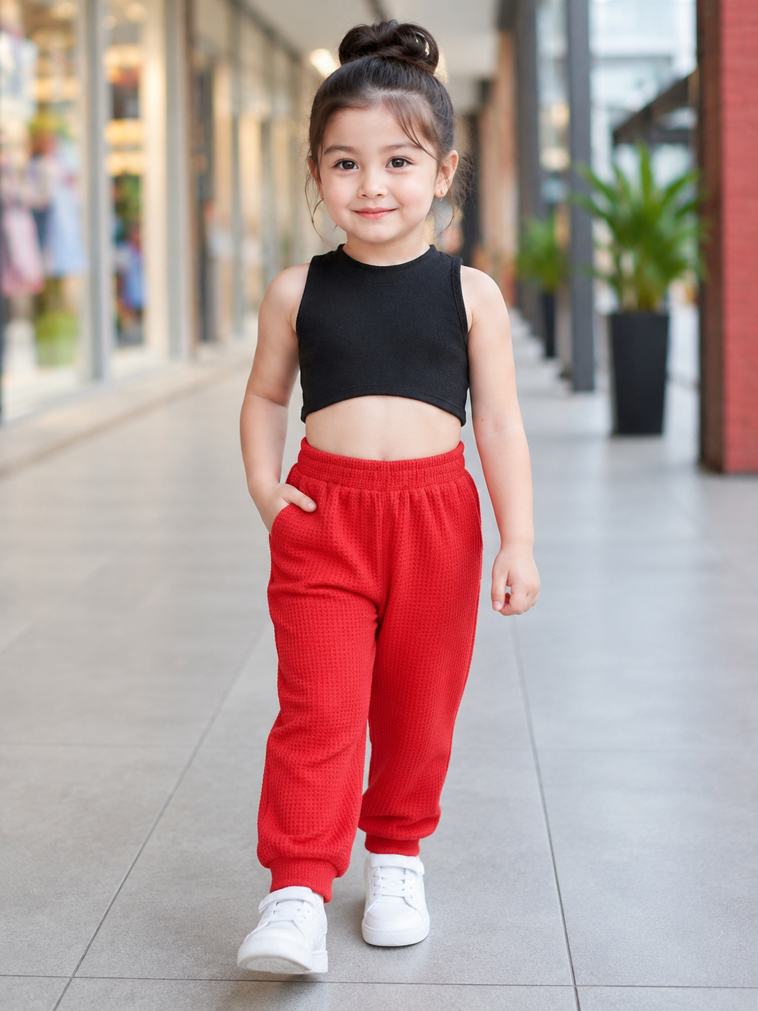 XDM-Kids Long Back Crop Top & Waffle Jogger Pants Terno Set