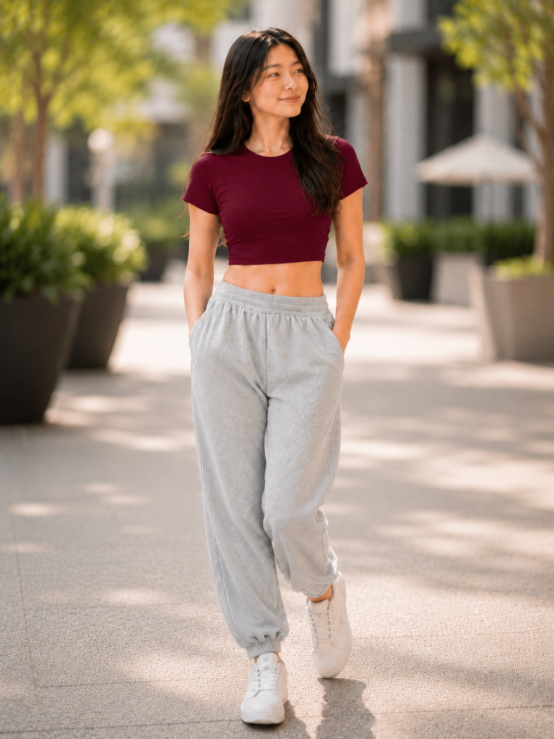 XDM-Trendy Cotton Spandex Crop Top + Waffle Jogger Pants Terno for Teens