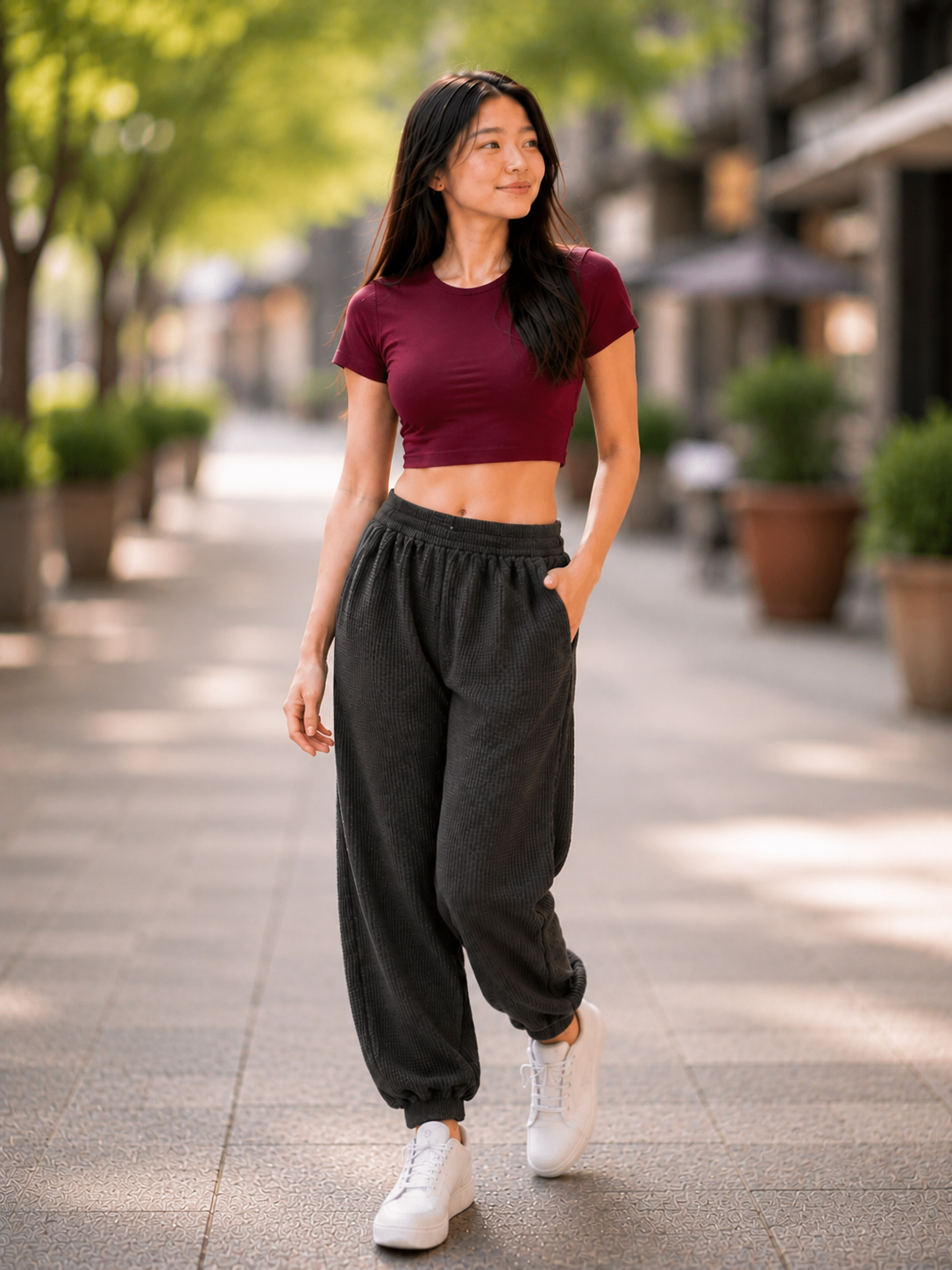 XDM-Trendy Cotton Spandex Crop Top + Waffle Jogger Pants Terno for Teens