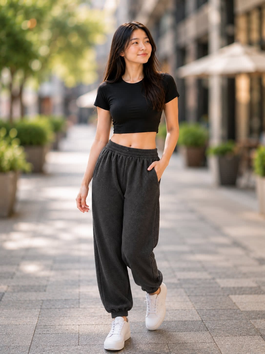 XDM-Trendy Cotton Spandex Crop Top + Waffle Jogger Pants Terno for Teens