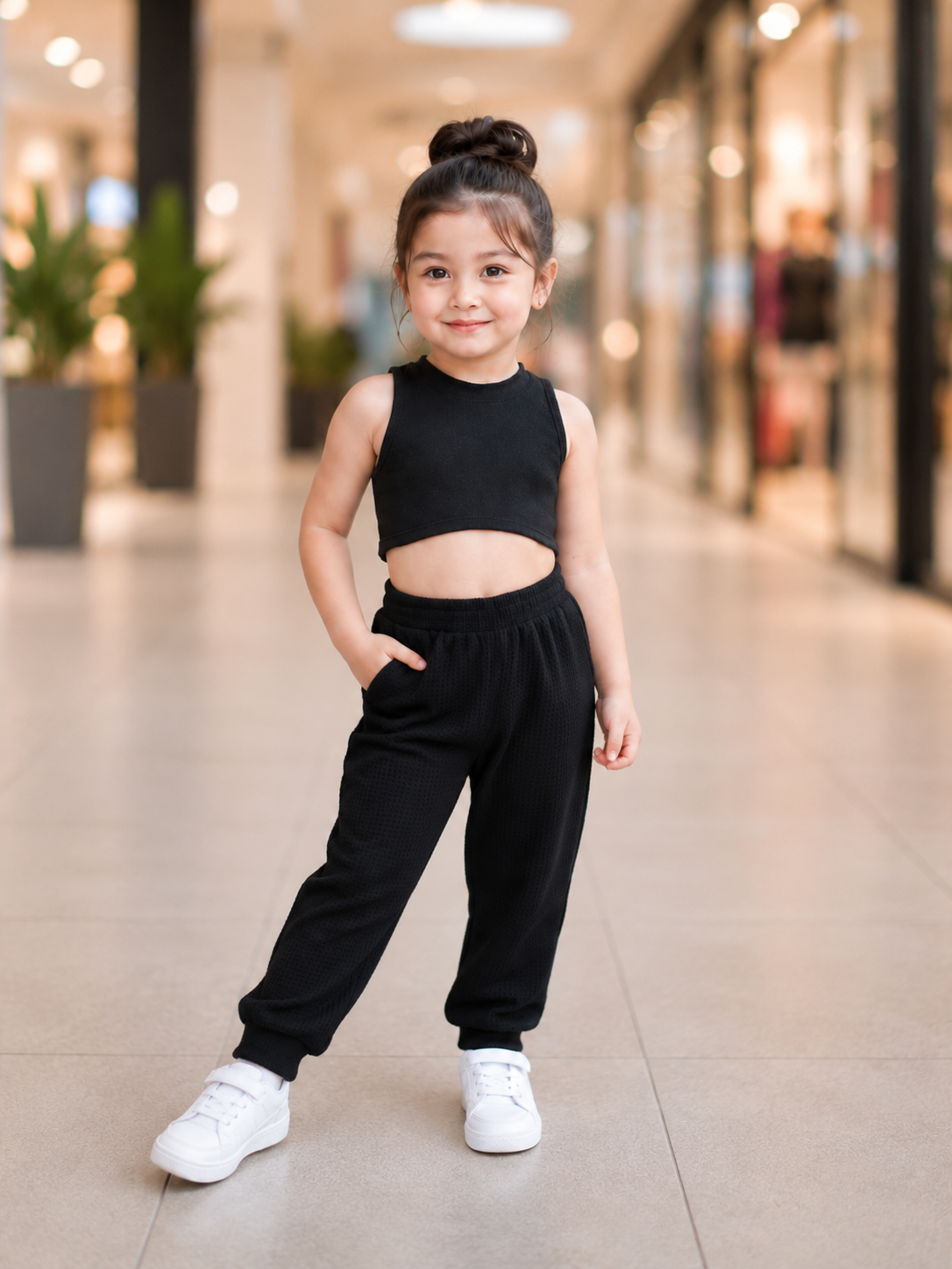 XDM-Kids Long Back Crop Top & Waffle Jogger Pants Terno Set