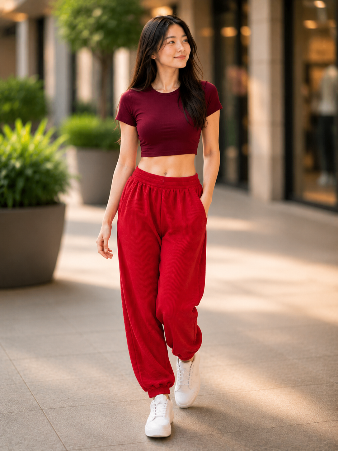 XDM-Trendy Cotton Spandex Crop Top + Waffle Jogger Pants Terno for Teens