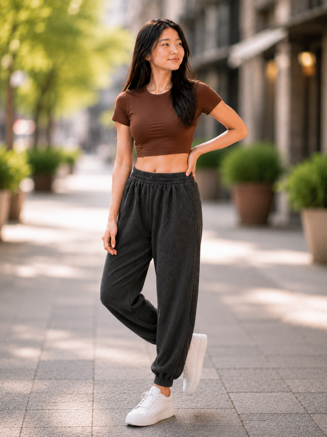 XDM-Trendy Cotton Spandex Crop Top + Waffle Jogger Pants Terno for Teens