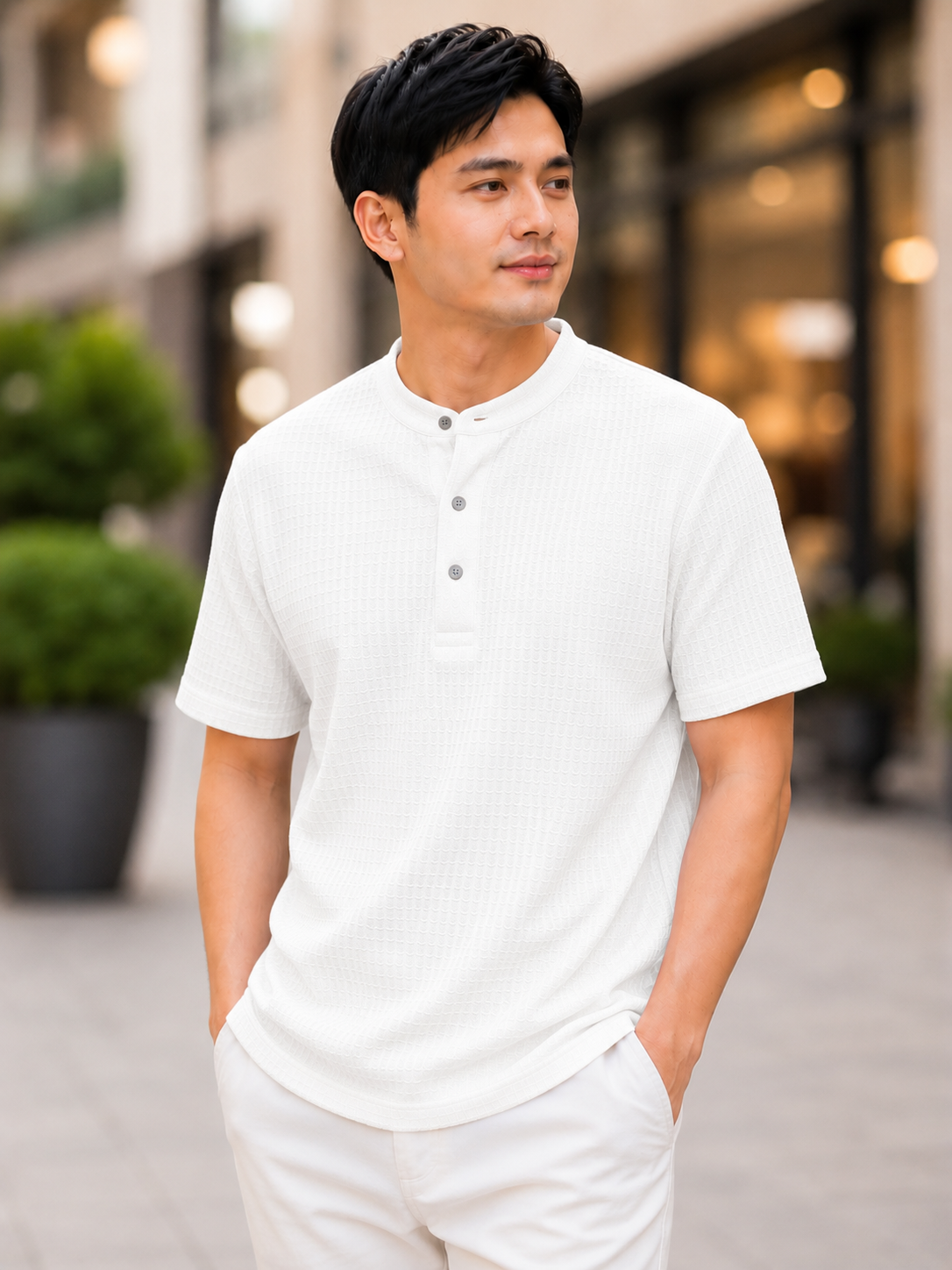 XDM-Premium Waffle Knit Chinese Collar Henley Shirt for Men
