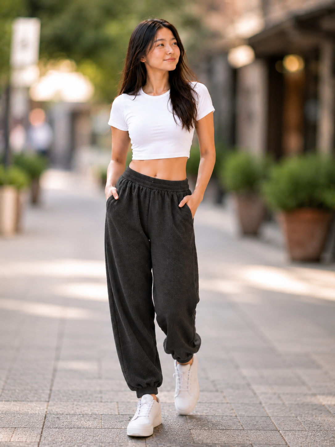 XDM-Trendy Cotton Spandex Crop Top + Waffle Jogger Pants Terno for Teens