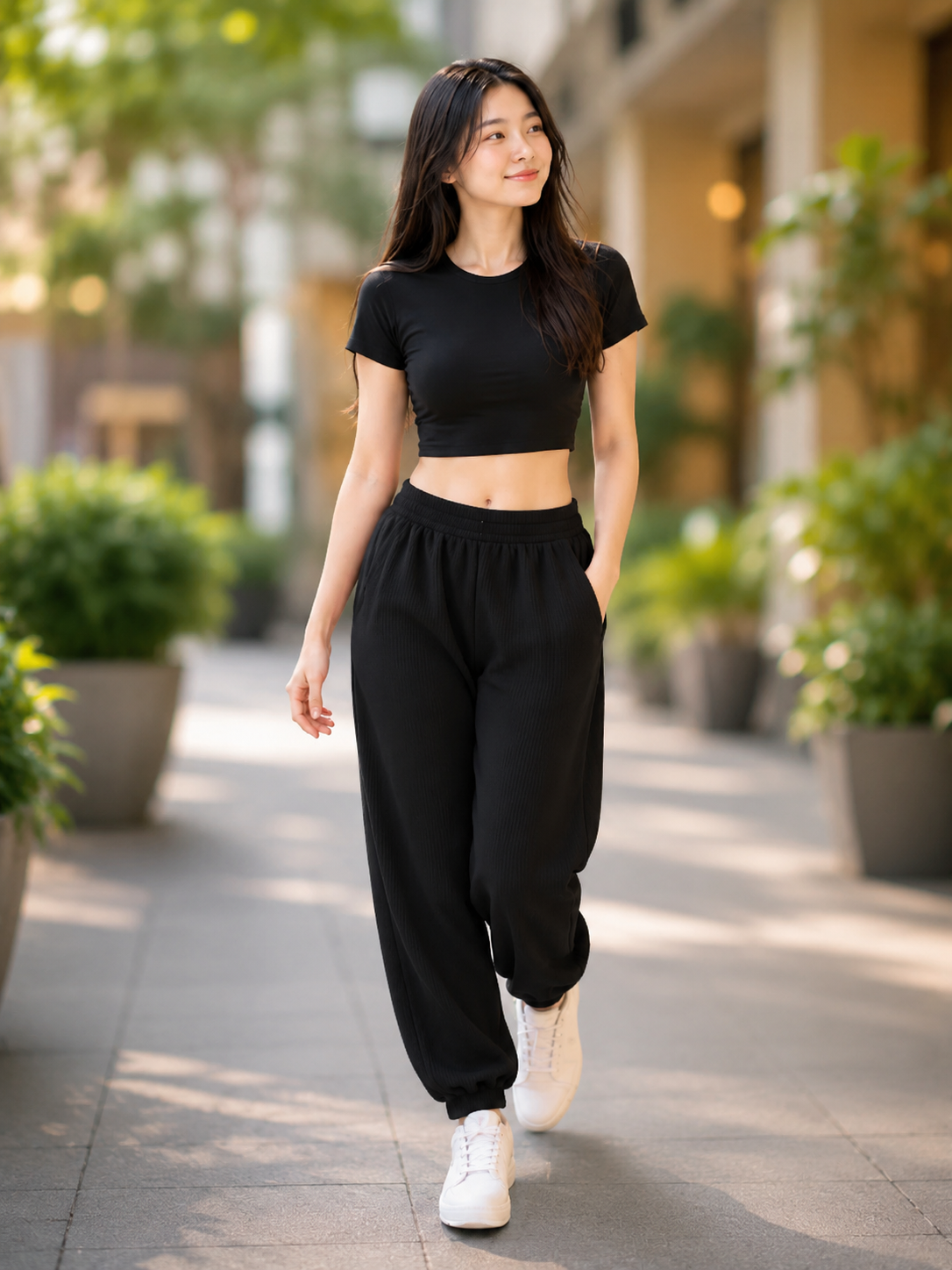 XDM-Trendy Cotton Spandex Crop Top + Waffle Jogger Pants Terno for Teens