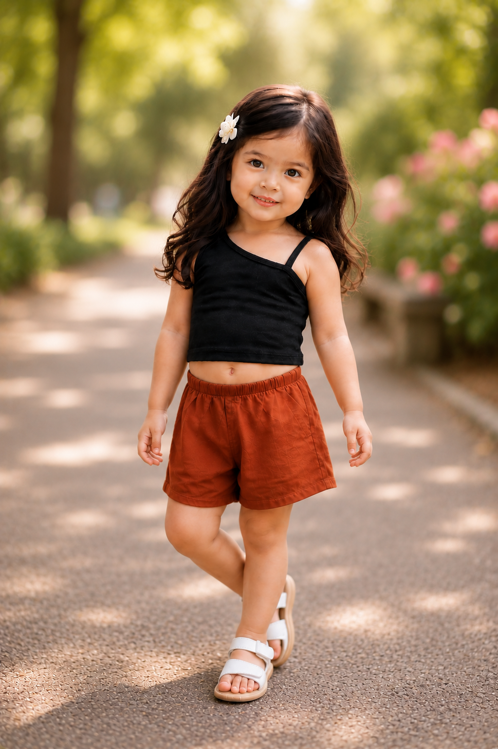 XDM-Cute Kids One-Shoulder Cotton Spandex Top & Challis Shorts Set