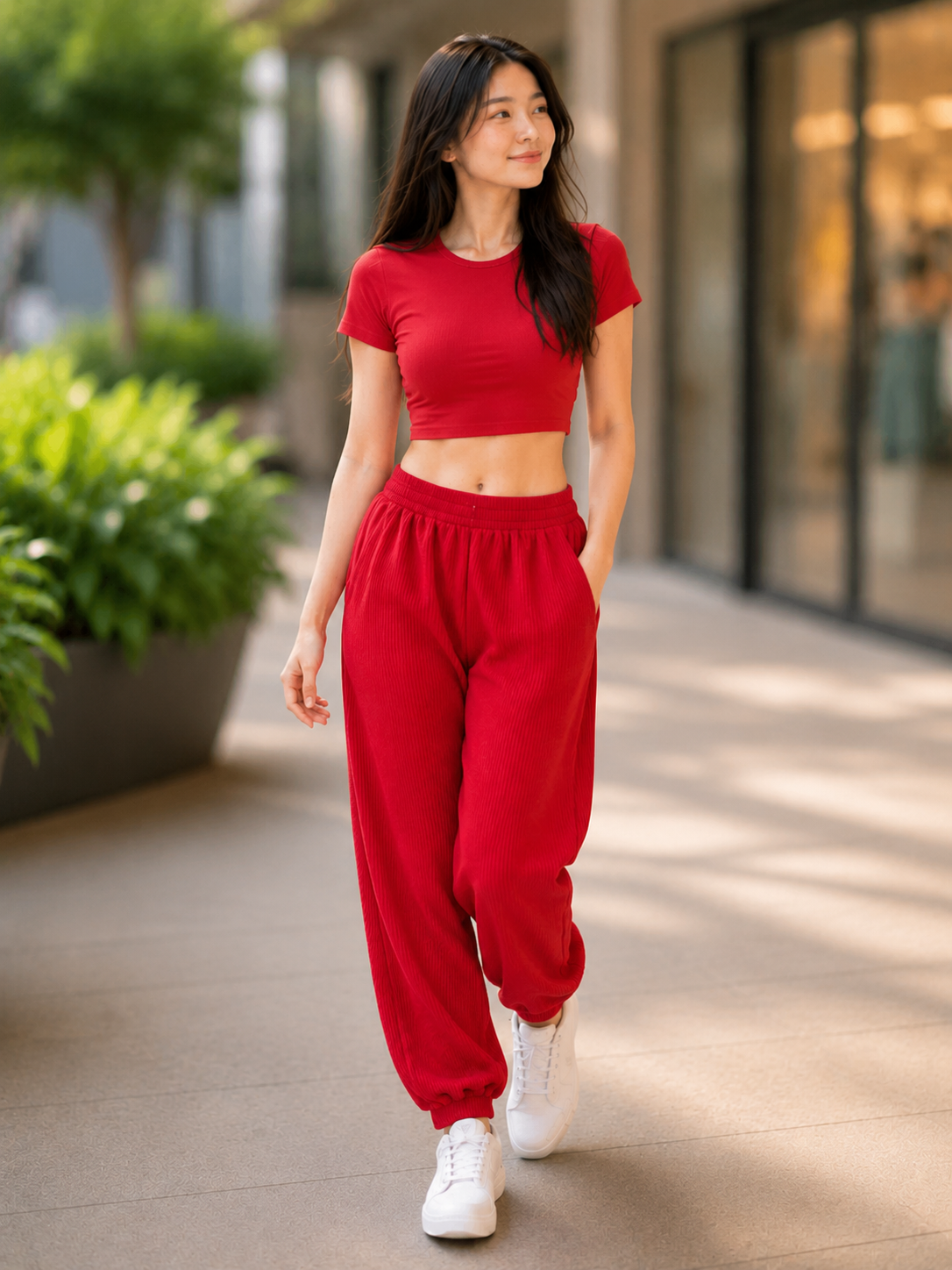 XDM-Trendy Cotton Spandex Crop Top + Waffle Jogger Pants Terno for Teens