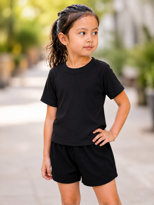 XDM-Kids Cotton Knitted Terno Set | Soft Stretch Ribbed Tee + Comfy Shorts