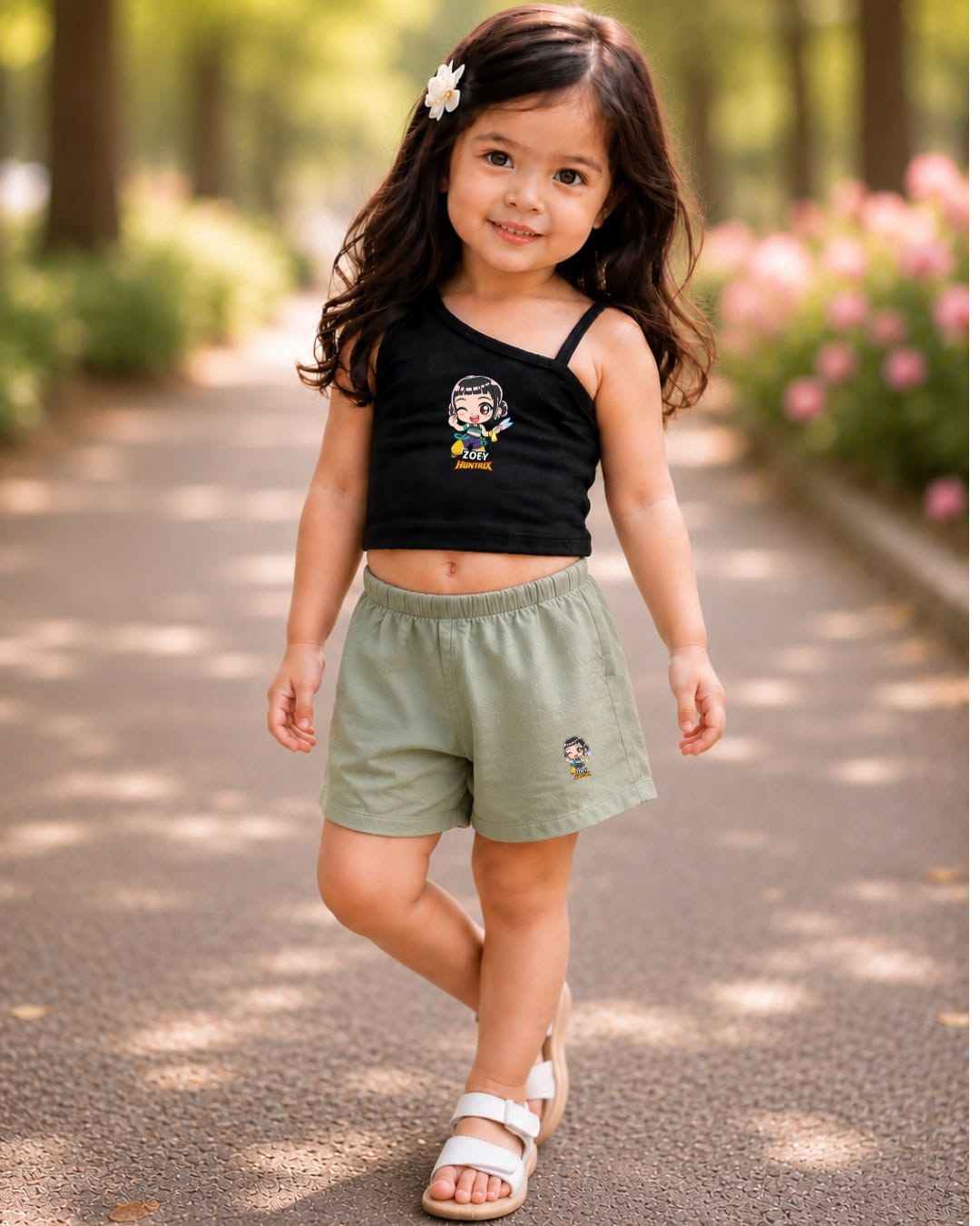 XDM-Cute Kids One-Shoulder Cotton Spandex Top & Challis Shorts Set
