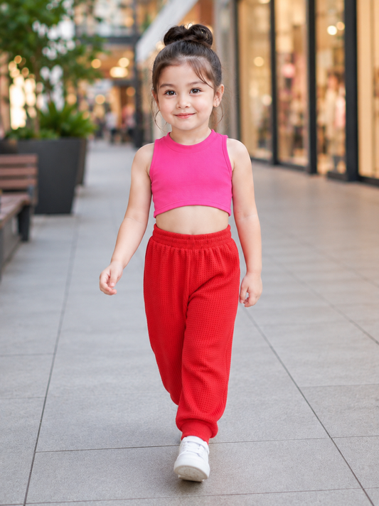 XDM-Kids Long Back Crop Top & Waffle Jogger Pants Terno Set