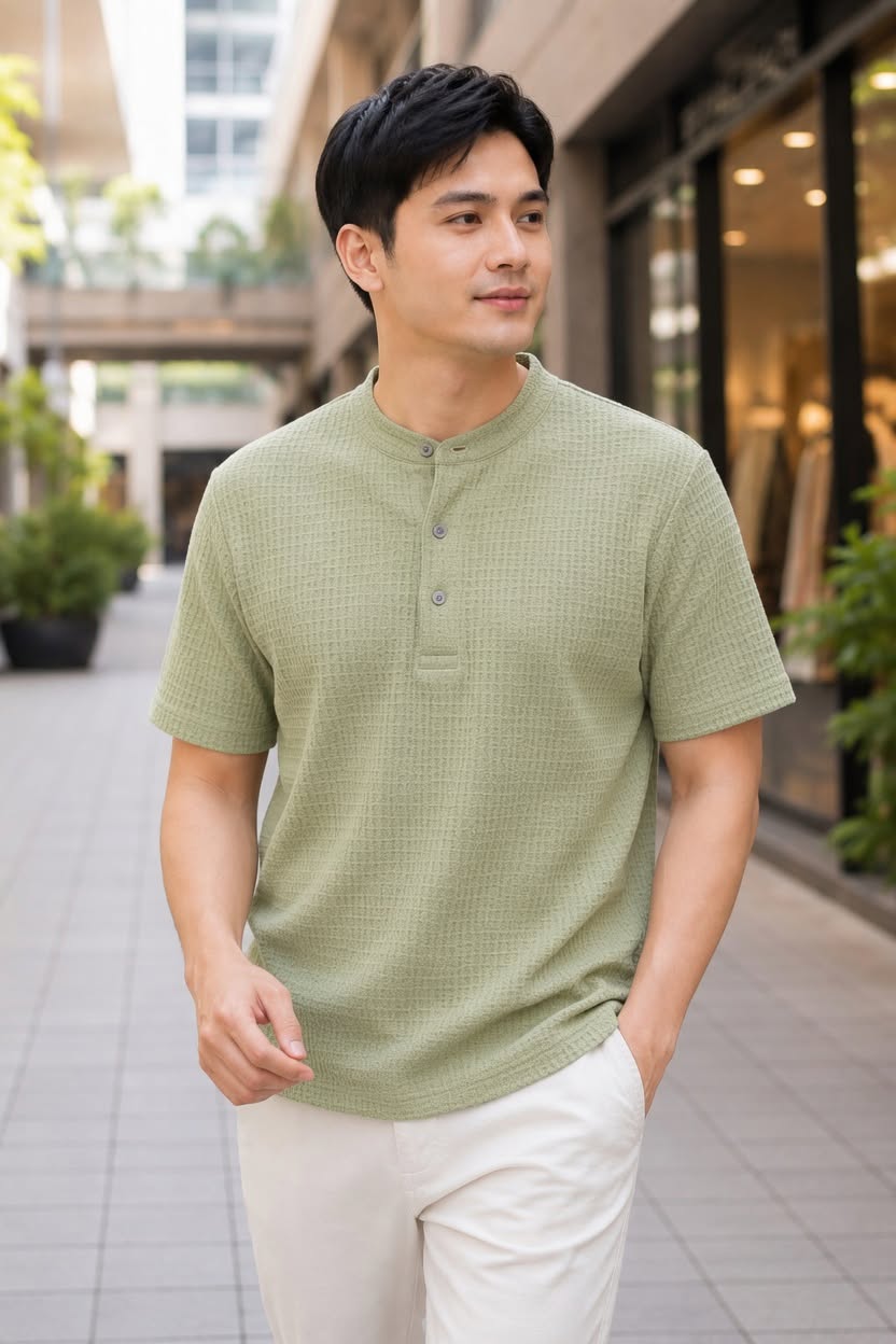 XDM-Premium Waffle Knit Chinese Collar Henley Shirt for Men