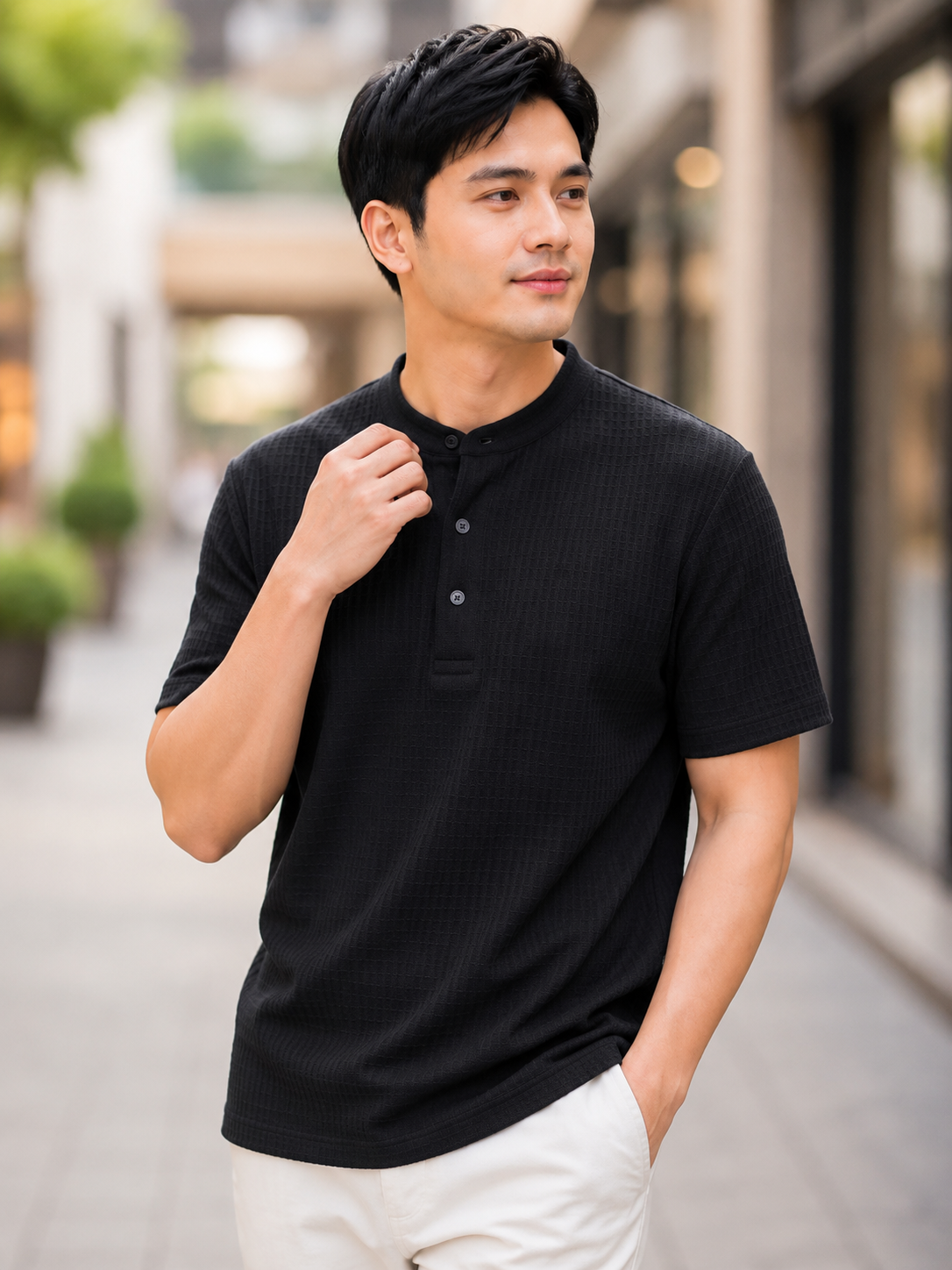 XDM-Premium Waffle Knit Chinese Collar Henley Shirt for Men