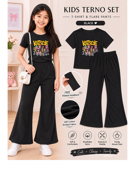 XDM-3in1 Kids Korean Terno Set for Girls | Cotton Knitted Ribbed Top, Flare Pants & Free Headband