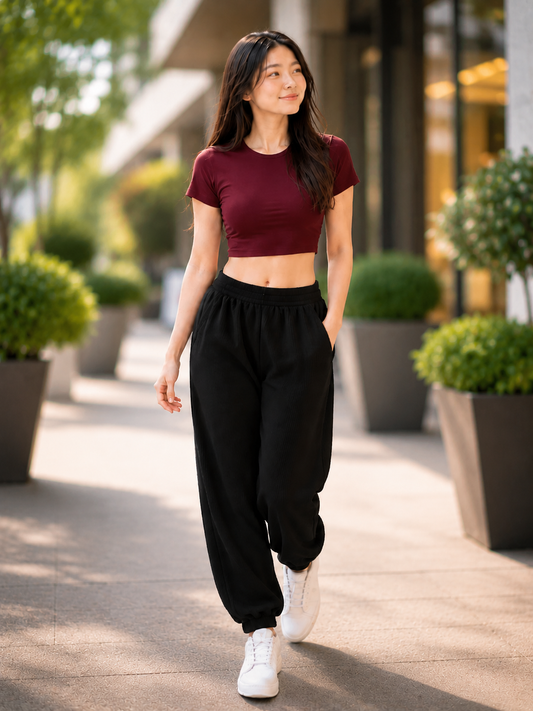 XDM-Trendy Cotton Spandex Crop Top + Waffle Jogger Pants Terno for Teens