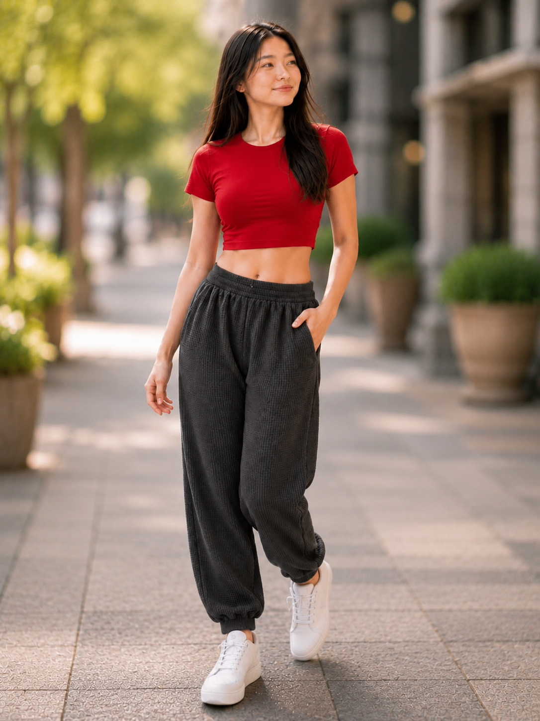 XDM-Trendy Cotton Spandex Crop Top + Waffle Jogger Pants Terno for Teens