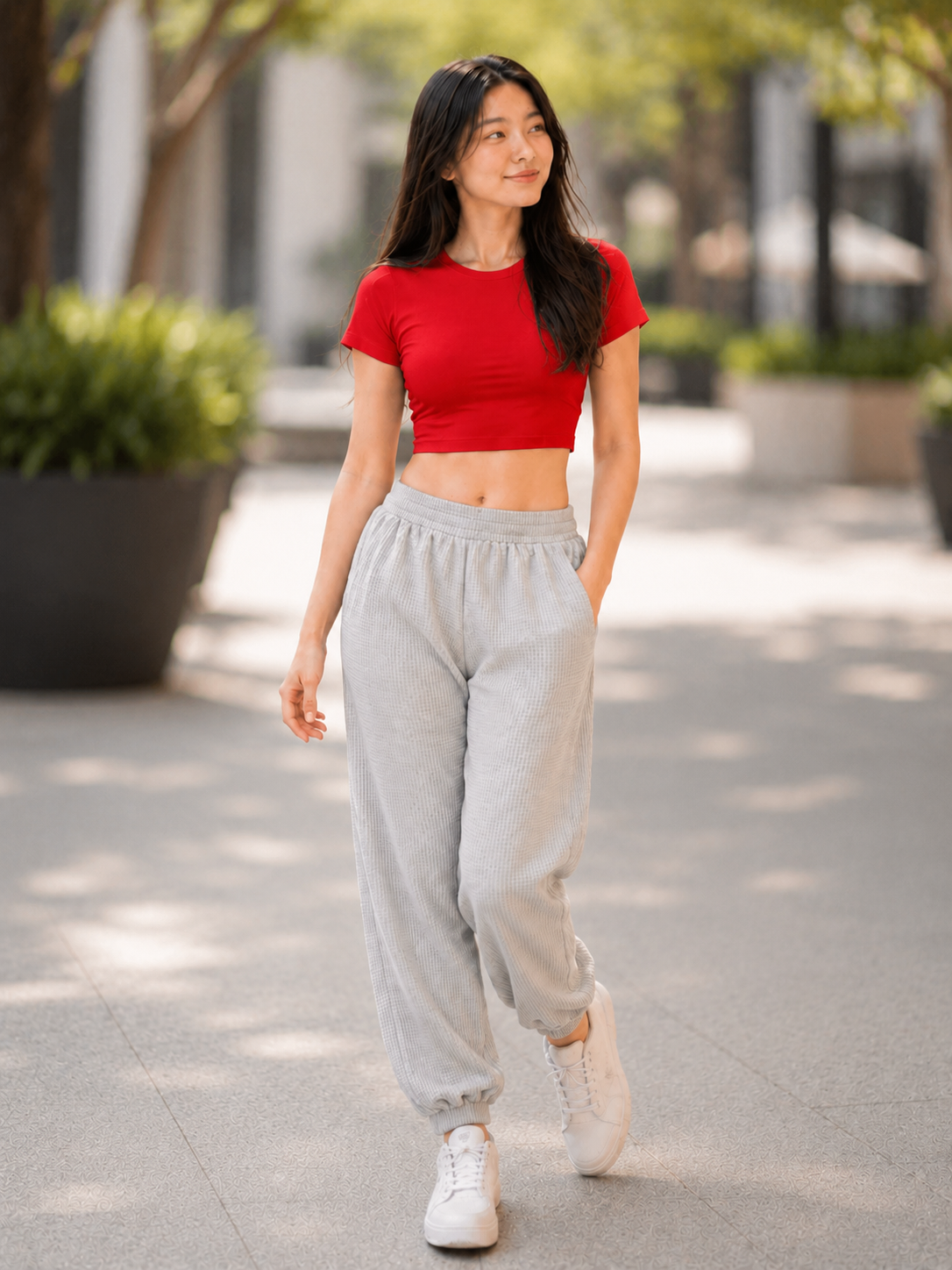 XDM-Trendy Cotton Spandex Crop Top + Waffle Jogger Pants Terno for Teens
